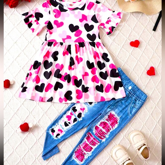 Girls Cute Heart Outfit Casual Love Print Knit Top And Denim Effect Long… - Picture 2 of 7
